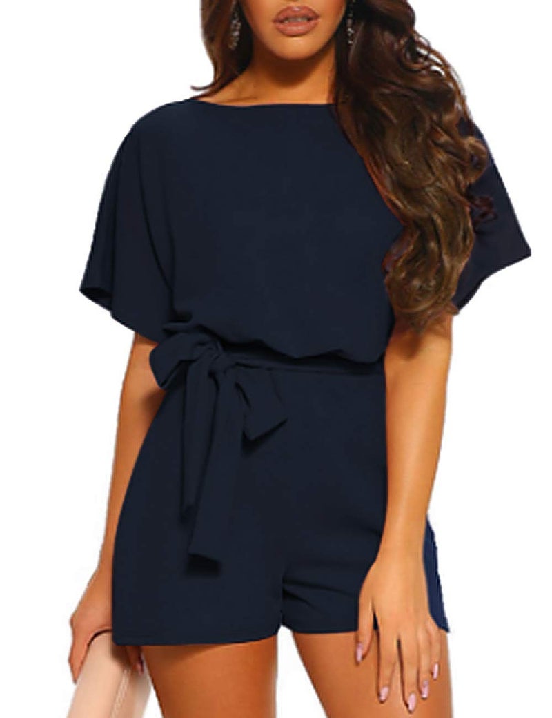Vetinee Womens Navy Blue Summer Casual Belted Romper Keyhole Back Short Sleeve Jumpsuit Playsuit X-Large - Image 4